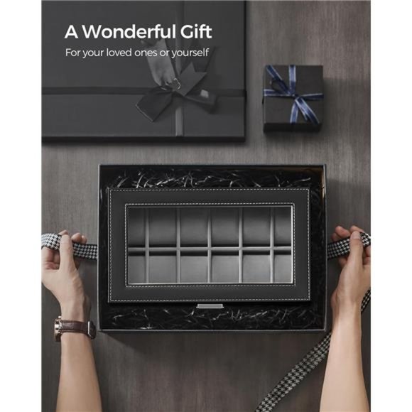 12-Slot Watch Box, Lockable Watch Case with Glass Lid, 2 Layers - Picture 7 of 7
